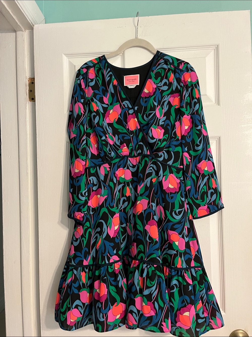 kate spade Black Floral Print Wrap-Style Dress with Pink & Green Accents
